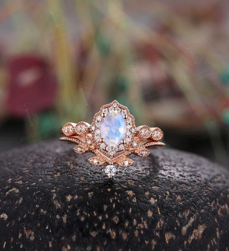 Oval cut moonstone engagement ring set Rose gold moissanite vintage leaf curved Wedding band women Jewelry Anniversary gift for her