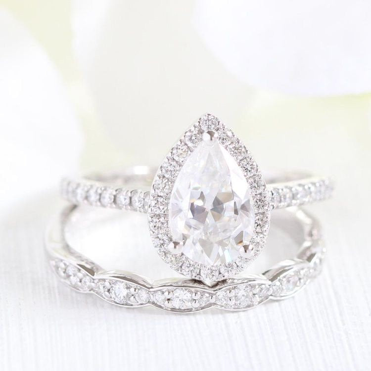 Pear Forever One Moissanite Ring Bridal Set in Diamond Scalloped Band 9x6mm