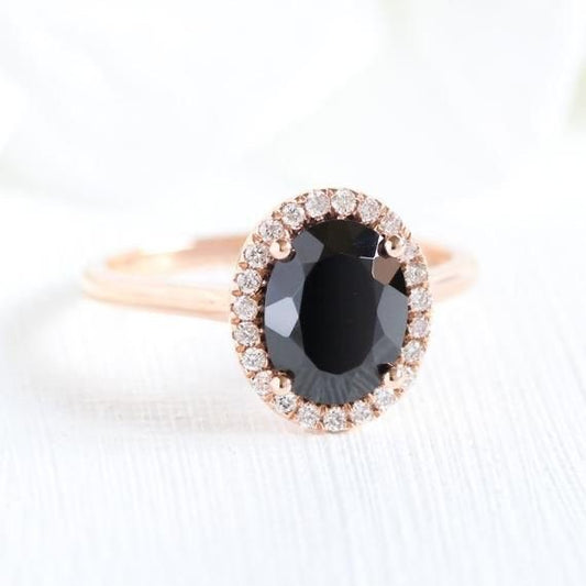 Black Spinel Halo Diamond Engagement Ring in 14k Rose Gold 9x7mm Oval Black Gemstone Ring Wedding Band Anniversary Ring