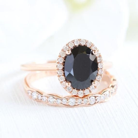 14k Rose Gold Black Spinel Diamond Engagement Ring and Scalloped Diamond Wedding Band Bridal Set 9x7mm Oval Cut Color Gemstone Ring Set