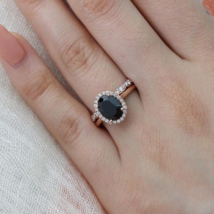 14k Rose Gold Black Spinel Diamond Engagement Ring and Scalloped Diamond Wedding Band Bridal Set 9x7mm Oval Cut Color Gemstone Ring Set