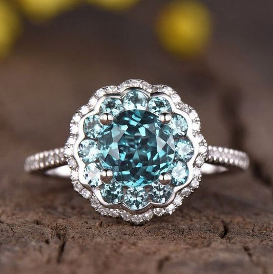 Aquamarine  Ring Floral Engagement Ring Vintage Romantic Ring 6.5mm Round Color Changing Gemstone Ring June Birthstone 14K White Gold Halo