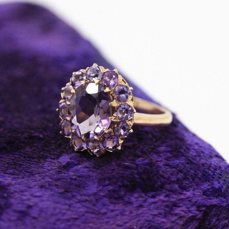 Genuine Amethyst Ring - Vintage 9k Yellow Gold Purple Gem Cluster Statement - 1940s Size 6 1/4 Halo 2.5 CT February Birthstone Fine Jewelry