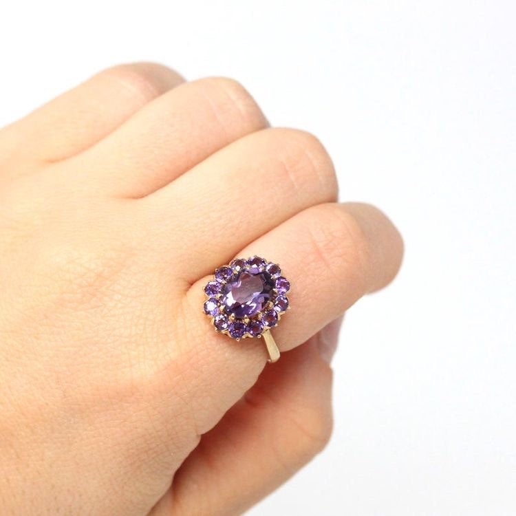 Genuine Amethyst Ring - Vintage 9k Yellow Gold Purple Gem Cluster Statement - 1940s Size 6 1/4 Halo 2.5 CT February Birthstone Fine Jewelry