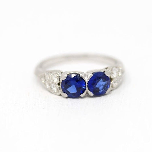 Two Stone Ring - Antique Art Deco Lab Created Sapphire & Diamond Wedding - Vintage Size 7 1/2 Vintage 1930s Blue Gem Fine Jewelry