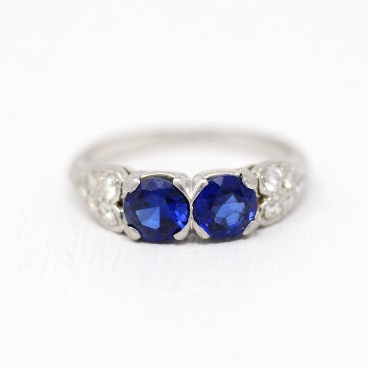 Two Stone Ring - Antique Art Deco Lab Created Sapphire & Diamond Wedding - Vintage Size 7 1/2 Vintage 1930s Blue Gem Fine Jewelry