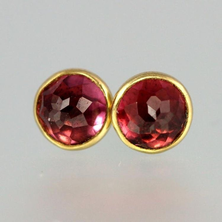 Garnet Studs - Rose Cut Garnet 14 KT Gold Studs - Rose Cut Garnet Gold Studs - Rhodolite Garnet Yellow Gold Post Earrings - Pink Garnet