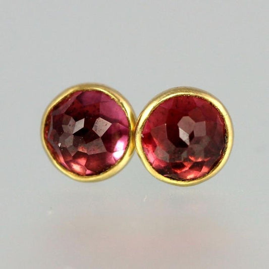 Garnet Studs - Rose Cut Garnet 14 KT Gold Studs - Rose Cut Garnet Gold Studs - Rhodolite Garnet Yellow Gold Post Earrings - Pink Garnet