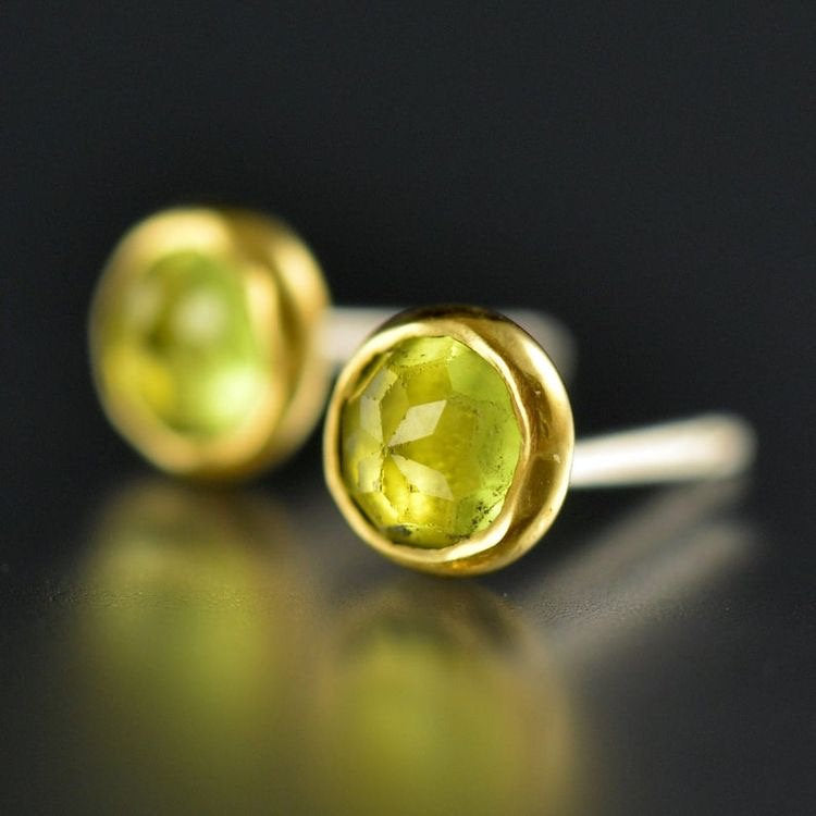 Peridot Stud Earrings - Peridot Gold Studs - Rose Cut Peridot Studs - Gold Gem Studs - Rose Cut Peridot Yellow Gold Post Earrings