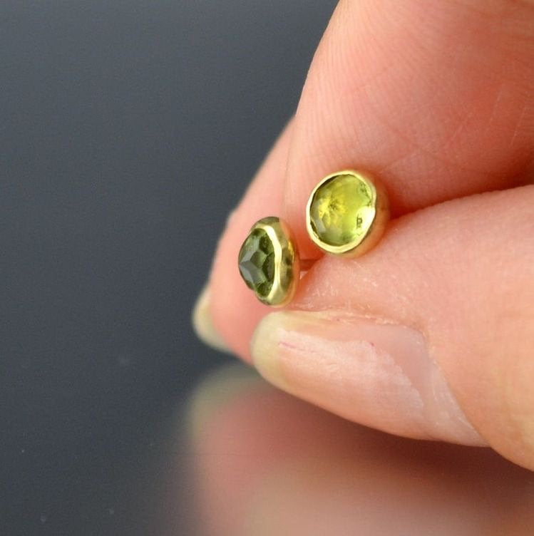 Peridot Stud Earrings - Peridot Gold Studs - Rose Cut Peridot Studs - Gold Gem Studs - Rose Cut Peridot Yellow Gold Post Earrings