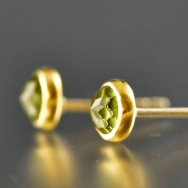 Peridot Stud Earrings - Peridot Gold Studs - Rose Cut Peridot Studs - Gold Gem Studs - Rose Cut Peridot Yellow Gold Post Earrings