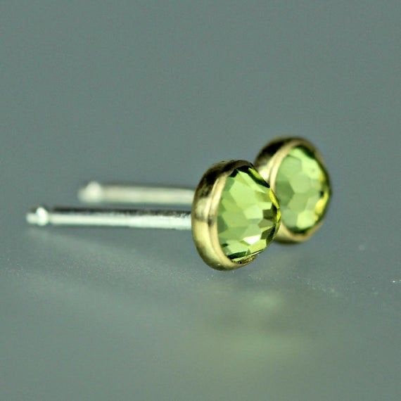 Peridot Gold Studs - Rose Cut Peridot Studs - Gold Gem Studs - Rose Cut Peridot Yellow Gold Post Earrings