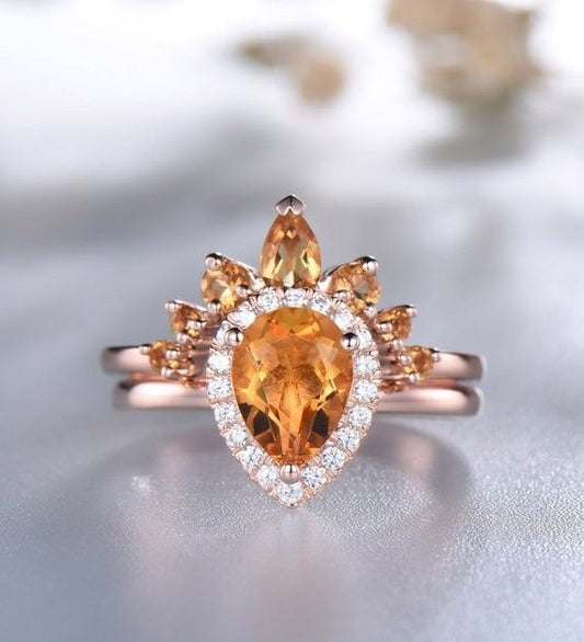 Citrine diamond rings set, November birthstone ring, Natural Yellow Citrine Ring Set, Gold Ring, Crown Curved  Stacking Ring,Teardrop Ring