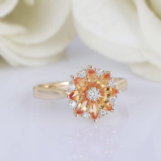 Natural Orange Sapphire Ring,14K Solid Gold Female Ring,Diaomonds Accents Engagement Ring,Anniversary Ring,Flower Design