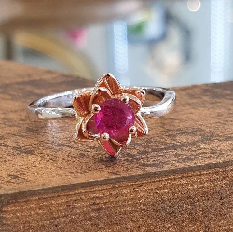 Ruby flower ring,Unique Engagement Ring, Cocktail Ring, promise Anniversary Ring, Statement Ring