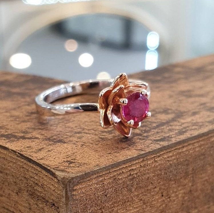 Ruby flower ring,Unique Engagement Ring, Cocktail Ring, promise Anniversary Ring, Statement Ring