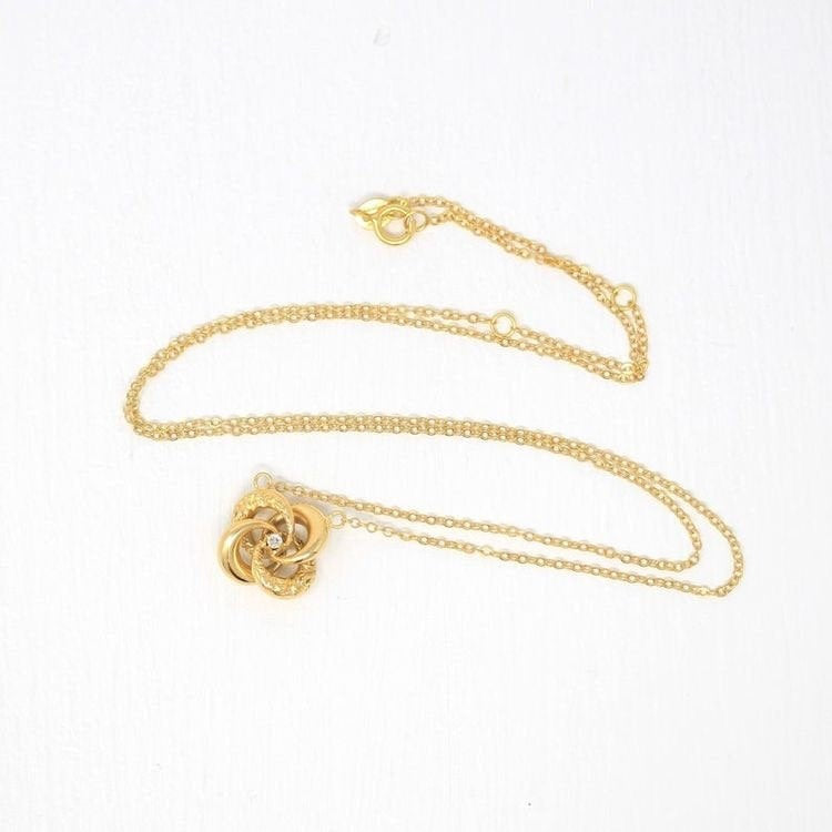 Love Knot Necklace - Antique 9k Yellow Gold Looped Pin Conversion Vintage Pendant - Edwardian 1900s .02 CT Diamond Fine Dainty Jewelry