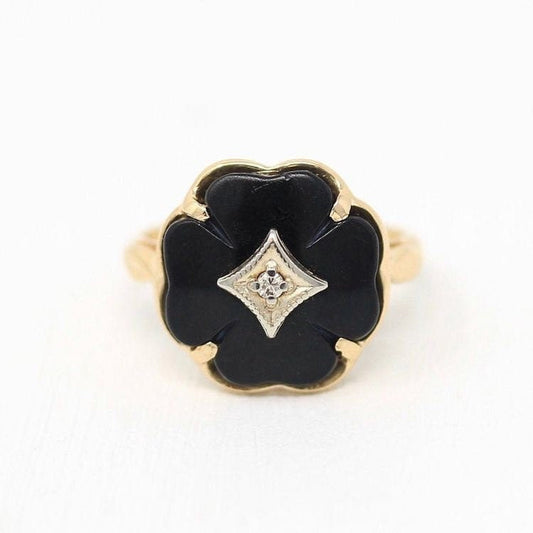 Sale - Onyx Clover Ring - Vintage Retro 14k Yellow Gold Black Onyx Diamond - 1940s Mid Century Four Leaf Clover Size 4 1/4 Fine Jewelry