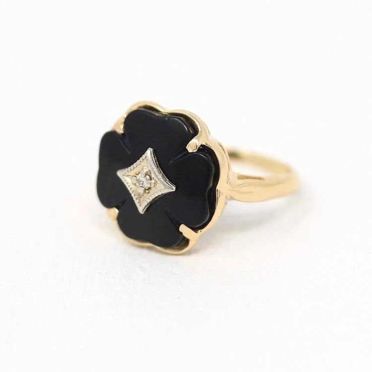 Sale - Onyx Clover Ring - Vintage Retro 14k Yellow Gold Black Onyx Diamond - 1940s Mid Century Four Leaf Clover Size 4 1/4 Fine Jewelry