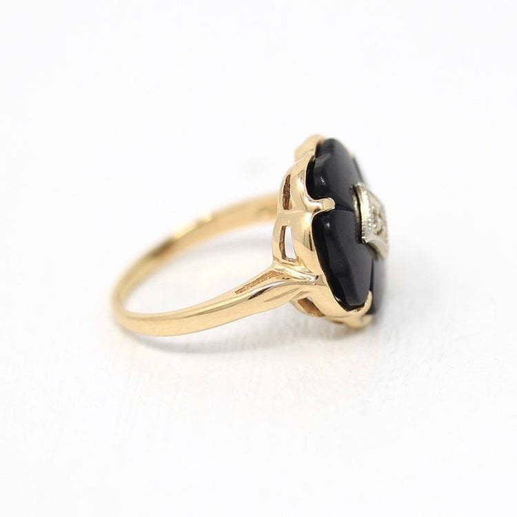 Sale - Onyx Clover Ring - Vintage Retro 14k Yellow Gold Black Onyx Diamond - 1940s Mid Century Four Leaf Clover Size 4 1/4 Fine Jewelry