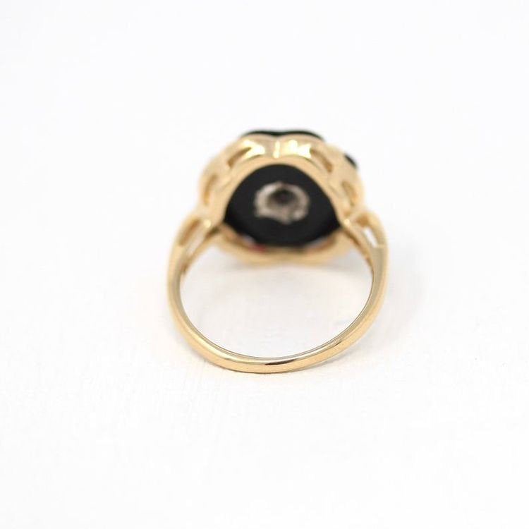 Sale - Onyx Clover Ring - Vintage Retro 14k Yellow Gold Black Onyx Diamond - 1940s Mid Century Four Leaf Clover Size 4 1/4 Fine Jewelry