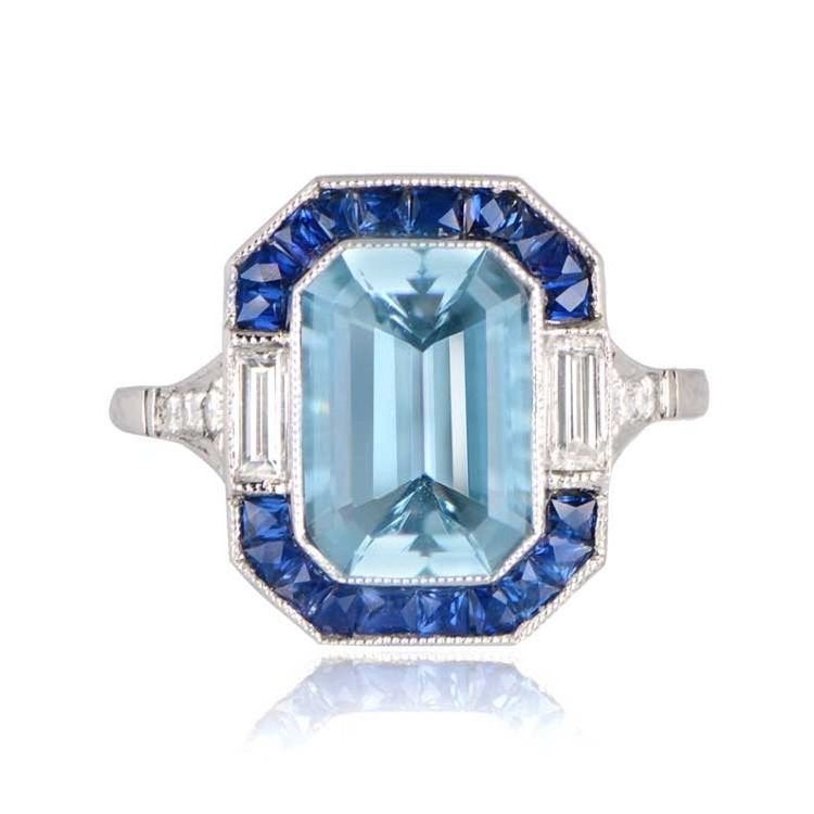 Aquamarine Engagement Ring - Hand-Crafted Platinum Ring with Sapphire and Diamond Accents.