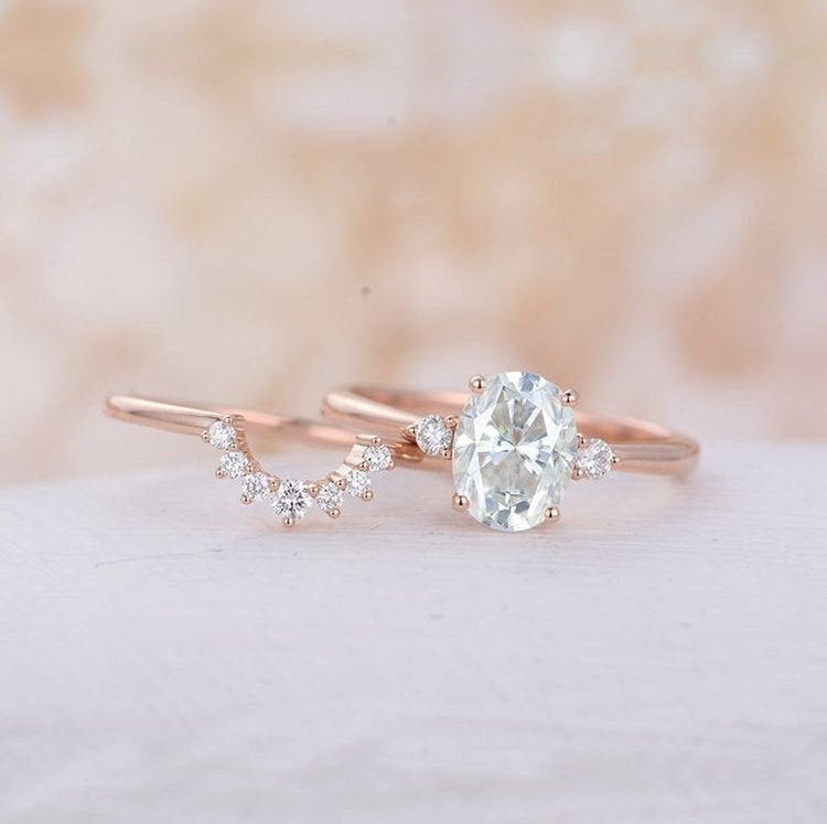 Oval Moissanite Engagement Ring set Rose gold engagement ring curved wedding band unique Bridal Promise Anniversary for