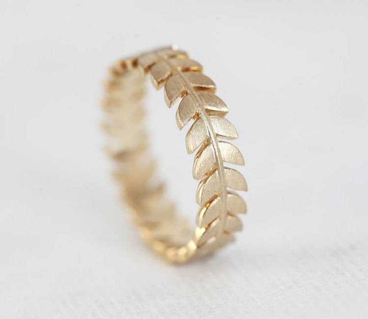 Yellow Gold Wedding Ring, Leaf Wedding Band, Wedding Ring with Leaves, Gold Leaf Ring 9k 14k 18k