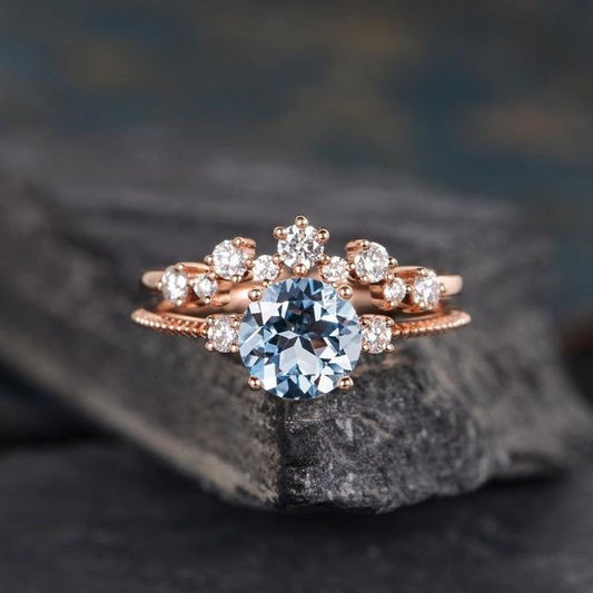 Rose Gold Aquamarine Bridal Set Engagement Ring Cluster Diamond Birthstone March Women Curved Chevron Beaded Three Stone Anniversary 2pcs