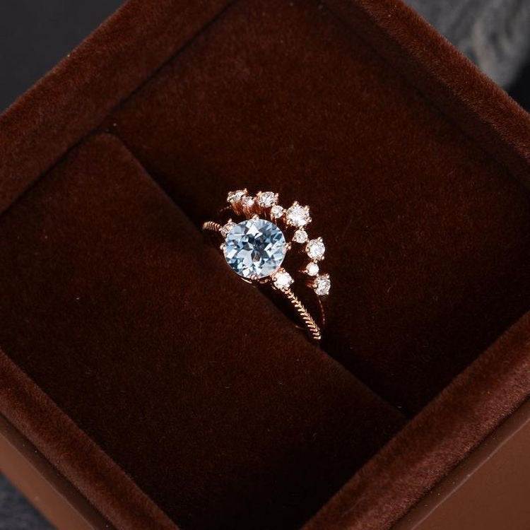 Rose Gold Aquamarine Bridal Set Engagement Ring Cluster Diamond Birthstone March Women Curved Chevron Beaded Three Stone Anniversary 2pcs