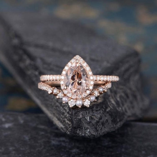 Pearl Morganite Engagement Ring,Rose Gold Bridal Set, Wedding ring,Halo Diamond Half Eternity Band ,Women Tear Drop ring, Anniversary Gift