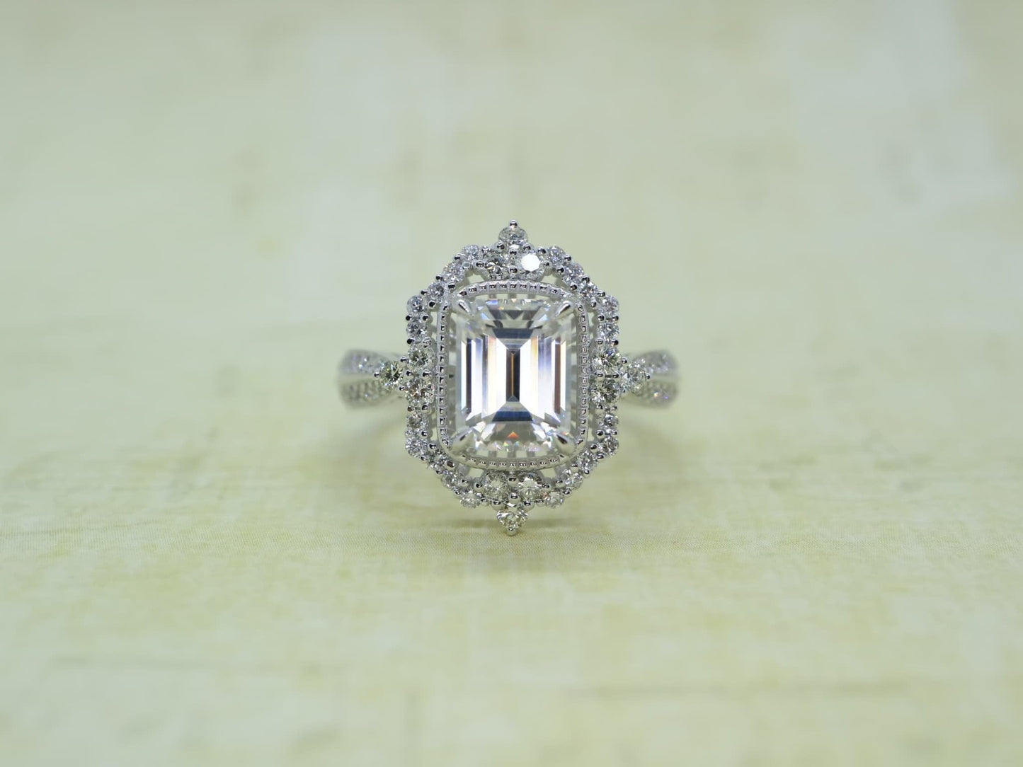 Emerald cut Moissanite ring ,white gold vintage Cocktail ring ,Art deco Bridal wedding, women anniversary gift for her