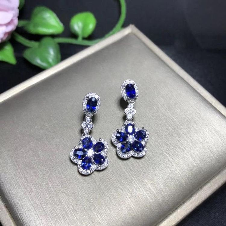 Natural Blue Sapphire Earrings, September Birthstone, Sterling Silver Earrings For Women, Engagement Wedding Jewelry, Art Deco Aesthetic