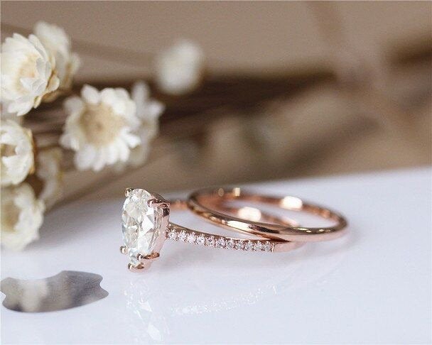 Pear Shape Moissanite Engagement Ring set, Set Solid 14K Rose Gold Ring Set