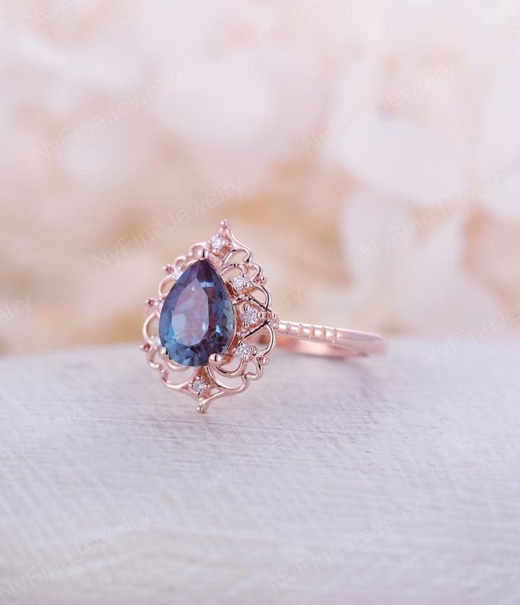 Pear shaped ring ,Alexandrite engagement ring ,Vintage rings ,rose gold ring,Floral Unique ring,art deco ring Anniversary ring