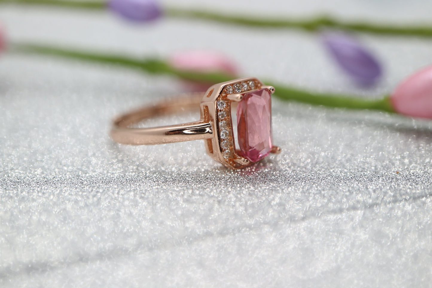 14k rose gold halo ring, Toumaline diamond halo ring, engagement ring for her