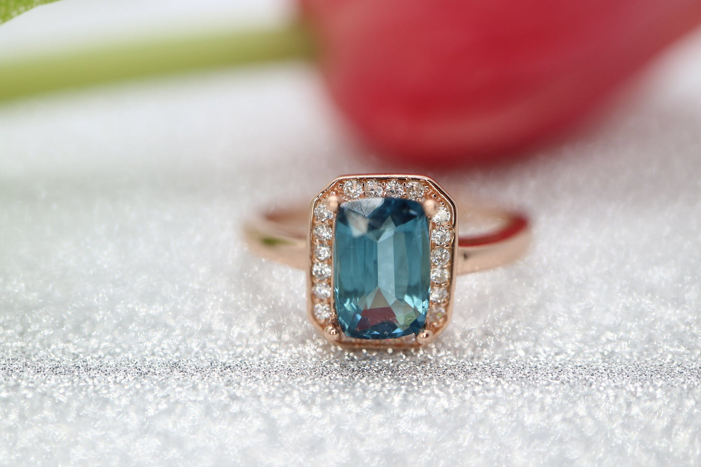 Blue tourmaline ring, Emerald cut ring, Classic diamond halo ring, Rose gold classic engagement ring, Emerald blue gemstone