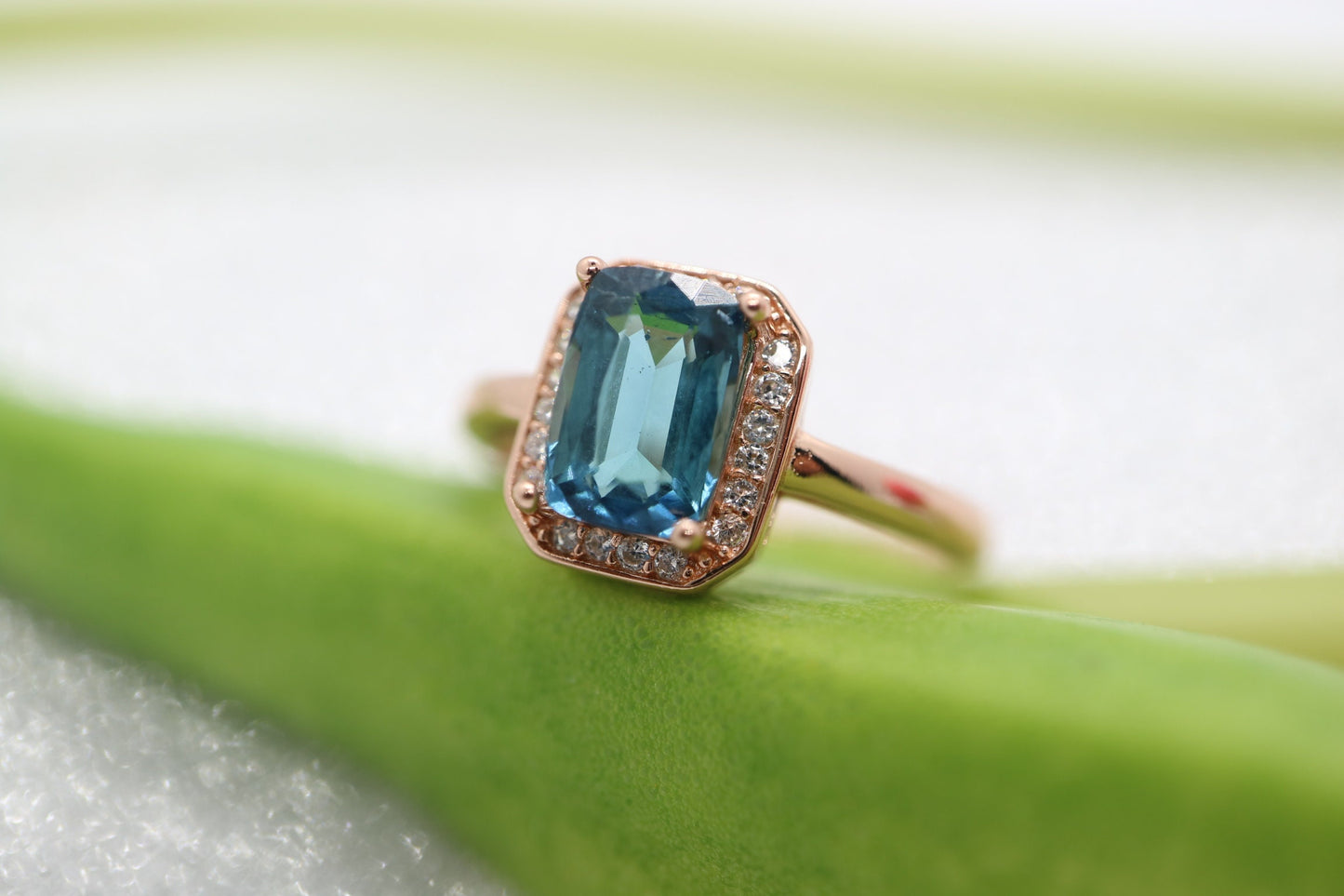 Blue tourmaline ring, Emerald cut ring, Classic diamond halo ring, Rose gold classic engagement ring, Emerald blue gemstone