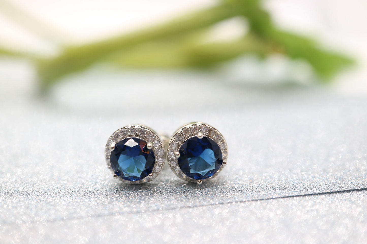 Sapphire  Stud Earrings, diamond halo white gold setting, Classic round halo earring, blue sapphire gemstone earring,  round design earring