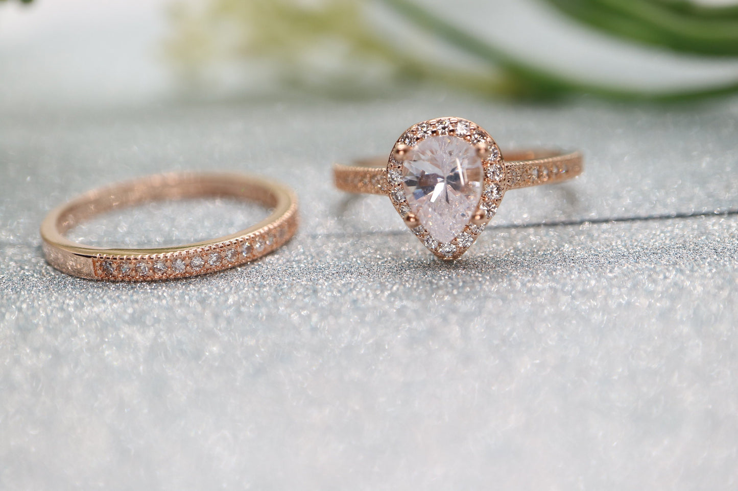 9x6mm Pear shaped moissanite engagement ring set, Rose gold Bridal set, Halo Diamond ring, art deco, tear half eternity anniversary gifts