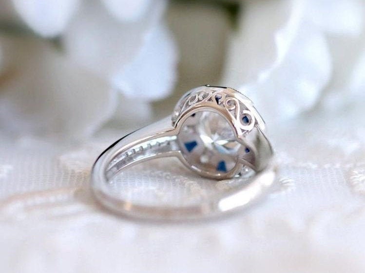 Sapphire halo engagement ring,White gold diamond ring,sapphire moissanite diamond ring,Art Deco diamond ring,vintage moissanite ring