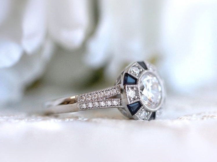 Sapphire halo engagement ring,White gold diamond ring,sapphire moissanite diamond ring,Art Deco diamond ring,vintage moissanite ring