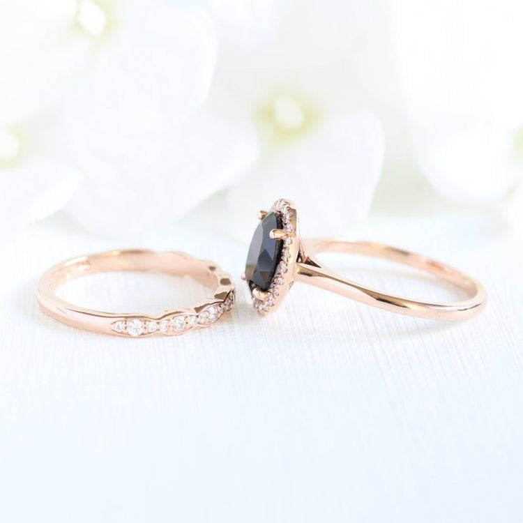 14k Rose Gold Black Spinel Diamond Engagement Ring and Scalloped Diamond Wedding Band Bridal Set 9x7mm Oval Cut Color Gemstone Ring Set