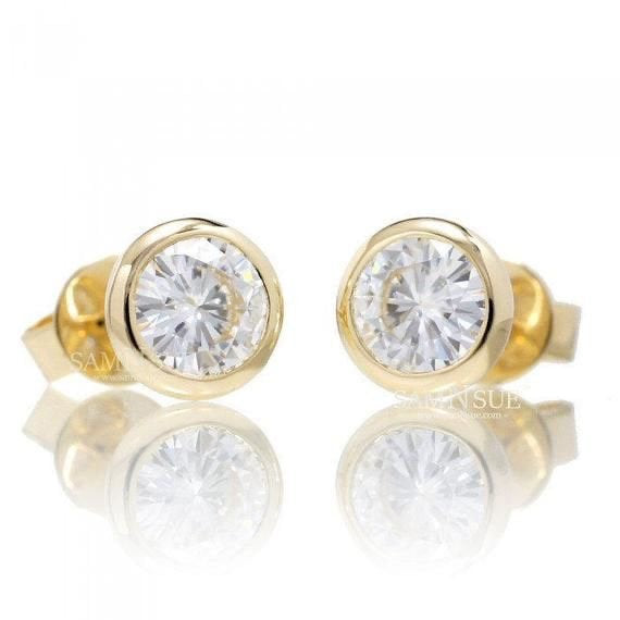 14 Karat Yellow Gold Bezel Set Moissanite Earring Studs