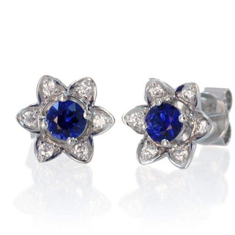 Sapphire Flower Pedal Stud Earrings Something Blue Wedding Jewelry Anniversary Gift