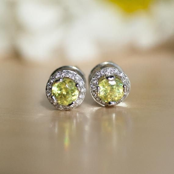 Diamond Halo Earrings, Yellow, Stud, Sphene Jewelry, Yellow Sapphire, Maid of Honor Gift, mothers day gift