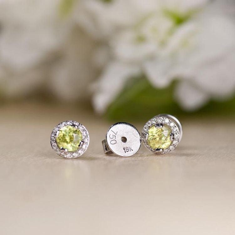 Diamond Halo Earrings, Yellow, Stud, Sphene Jewelry, Yellow Sapphire, Maid of Honor Gift, mothers day gift