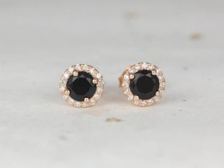 Black Onyx Diamond Stud Earrings, 14k Solid Gold, Central 5mm Black Onyx Round Cut, Gold Diamond Studs, Minimal Dainty Studs, Black Studs