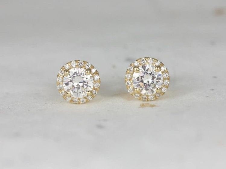 Gold Diamond Stud Earrings, 14k Solid Gold, Central 5mm Colorless Moissanite Round Cut, Gold Diamond Studs, Minimalist Dainty Earrings, Halo