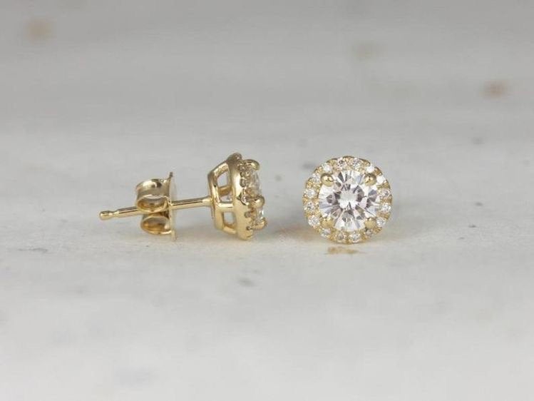 Gold Diamond Stud Earrings, 14k Solid Gold, Central 5mm Colorless Moissanite Round Cut, Gold Diamond Studs, Minimalist Dainty Earrings, Halo